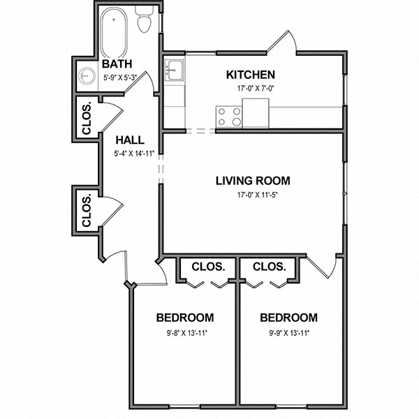 Floor plan for 2 beds, 1 bath, 700 sqft